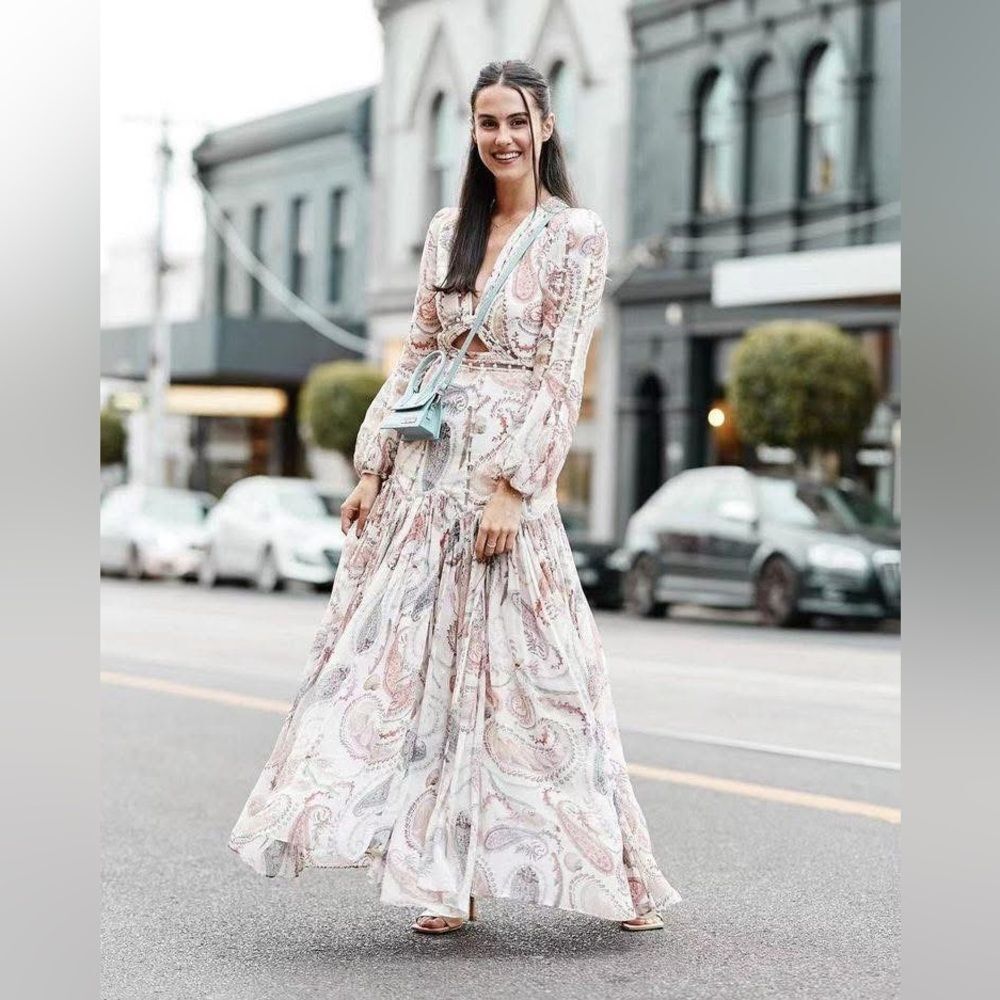 Untamed Petals Paisley Midi Dress Pearl Detail Cutout Boho Romantic L